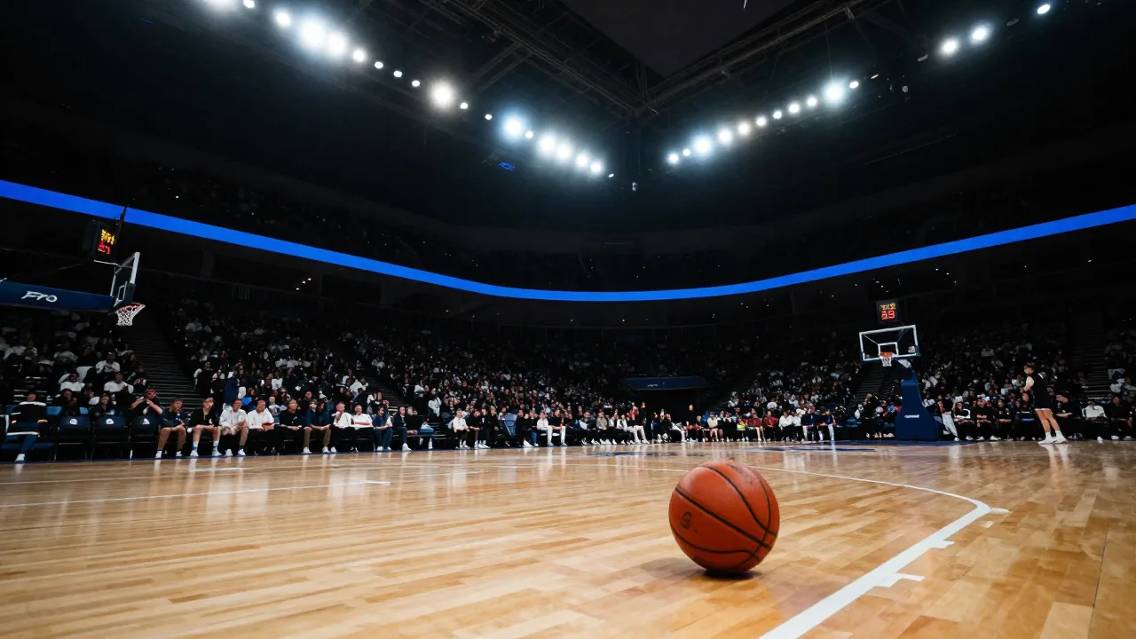 A basketball resting on a dramatic empty arena court