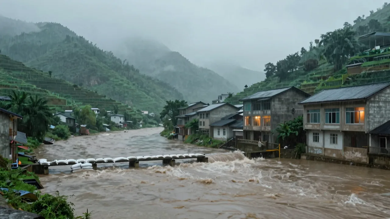 Swollen brown river running past sandbagged riverside buildings under heavy monsoon rain