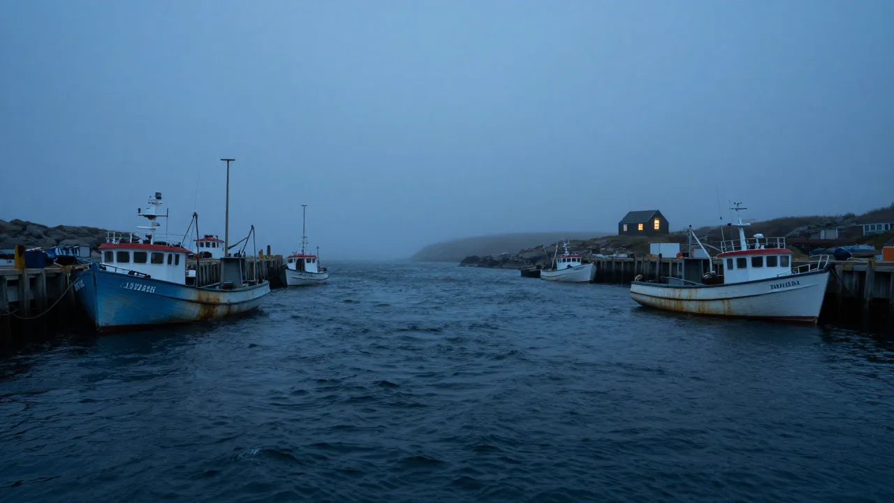 Stormy fictional coastal harbor at night