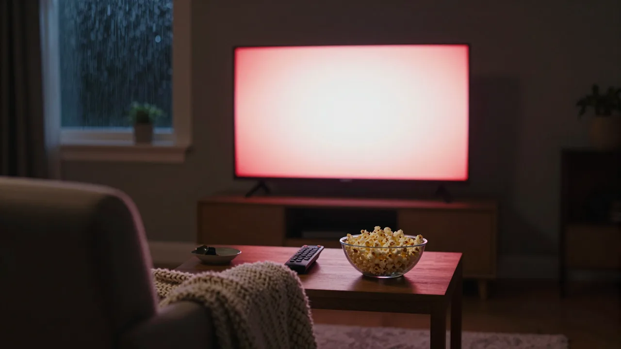 Dark living room lit only by a television screen, remote control on a blanket, popcorn bowl on the table