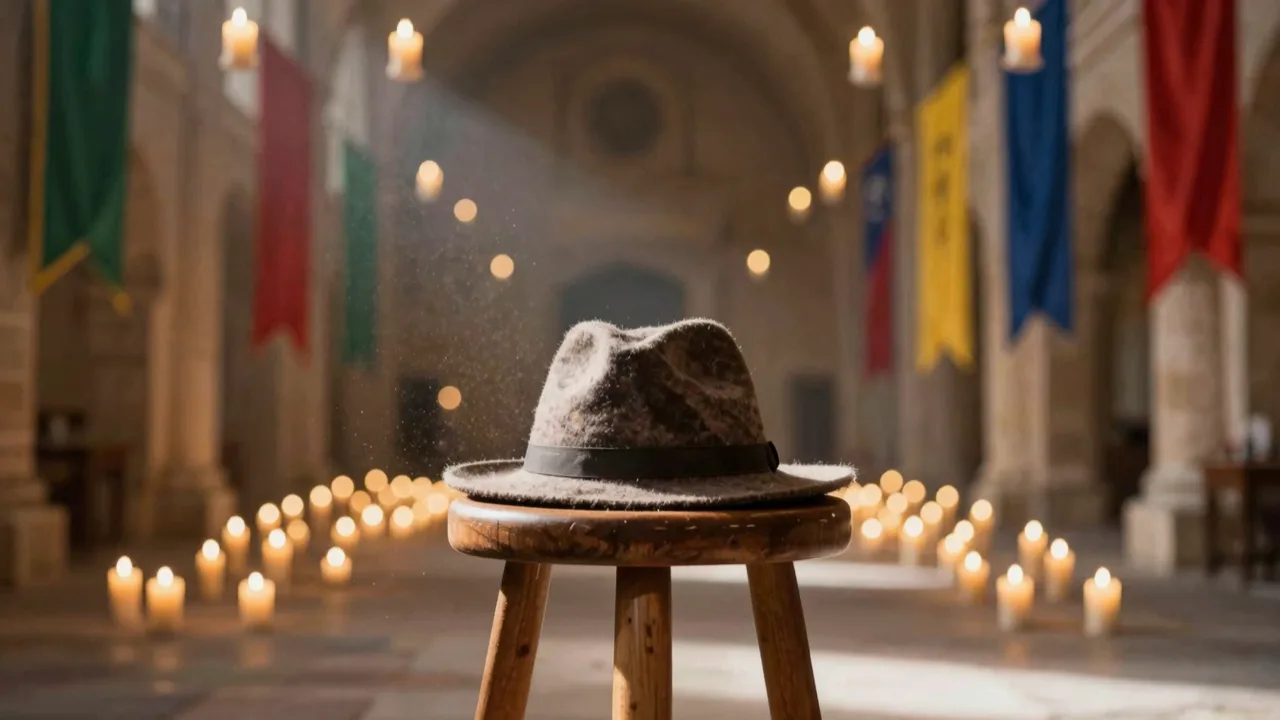 An old wooden hat resting on a stool in a candlelit stone hall