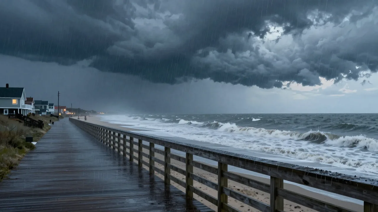 Rainy New Jersey shoreline during a powerful coastal storm