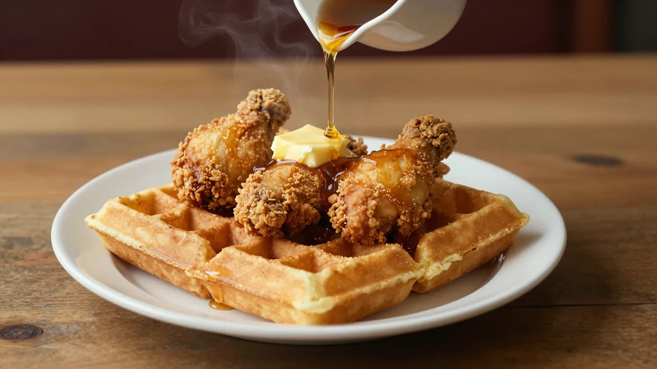 Golden fried chicken on a waffle with syrup being poured, shot close up on a diner table