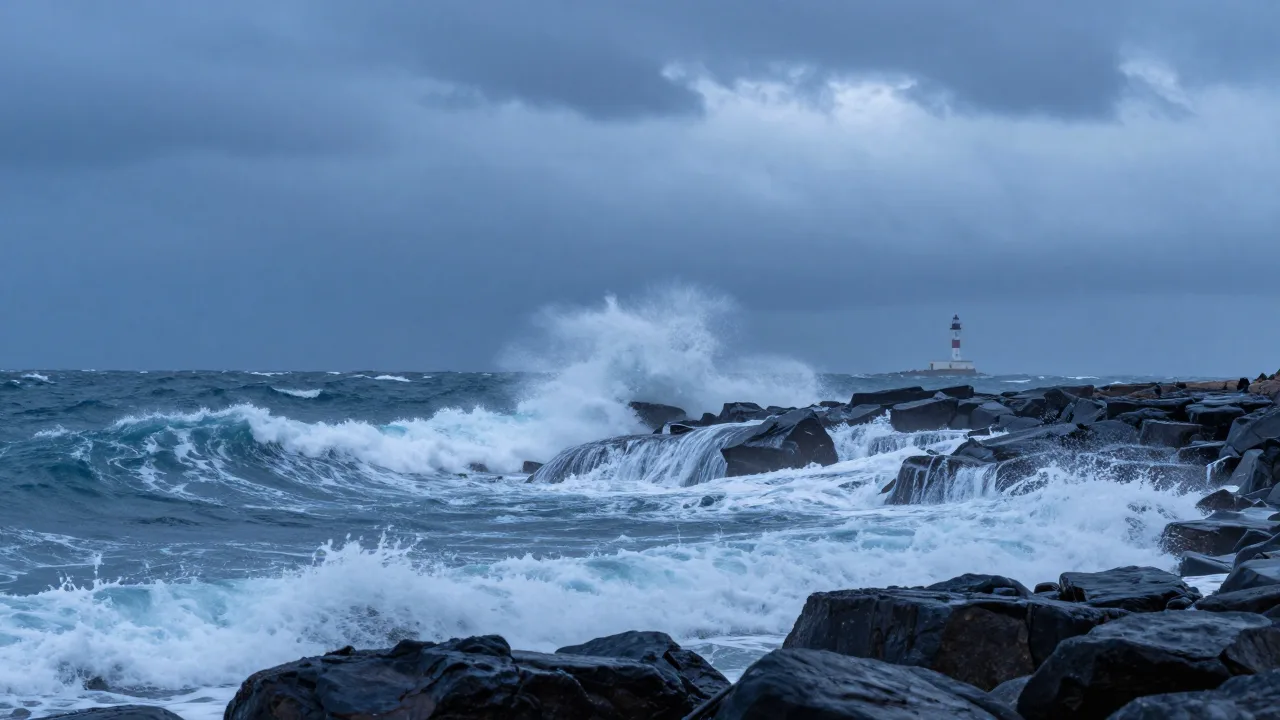 Storm waves and dark coastal clouds near a lighthouse