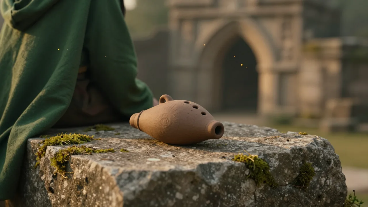 A green tunic hood and a small clay ocarina resting on mossy stone at dusk