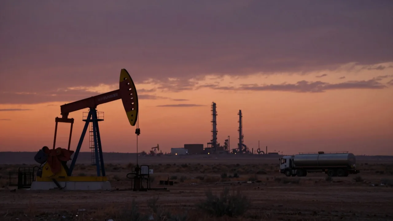 Oil pumpjacks silhouetted at dusk near a refinery skyline