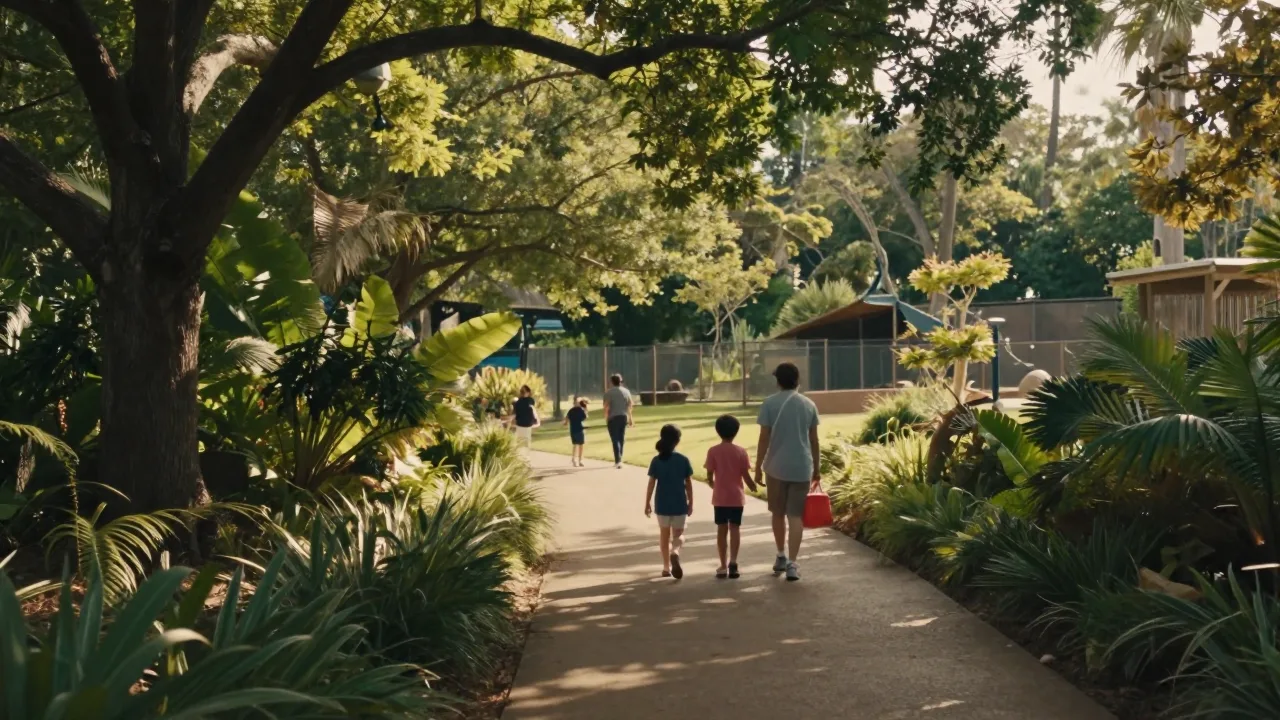 Family walking through a leafy zoo pathway near animal habitats