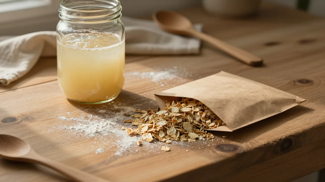 Glass jar of bubbling sourdough starter beside a small paper envelope of dried flakes on a floured wooden table