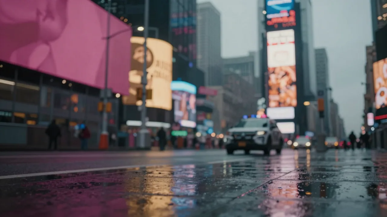 Rain-slick Manhattan sidewalk at dusk beneath blurred neon light, empty of people