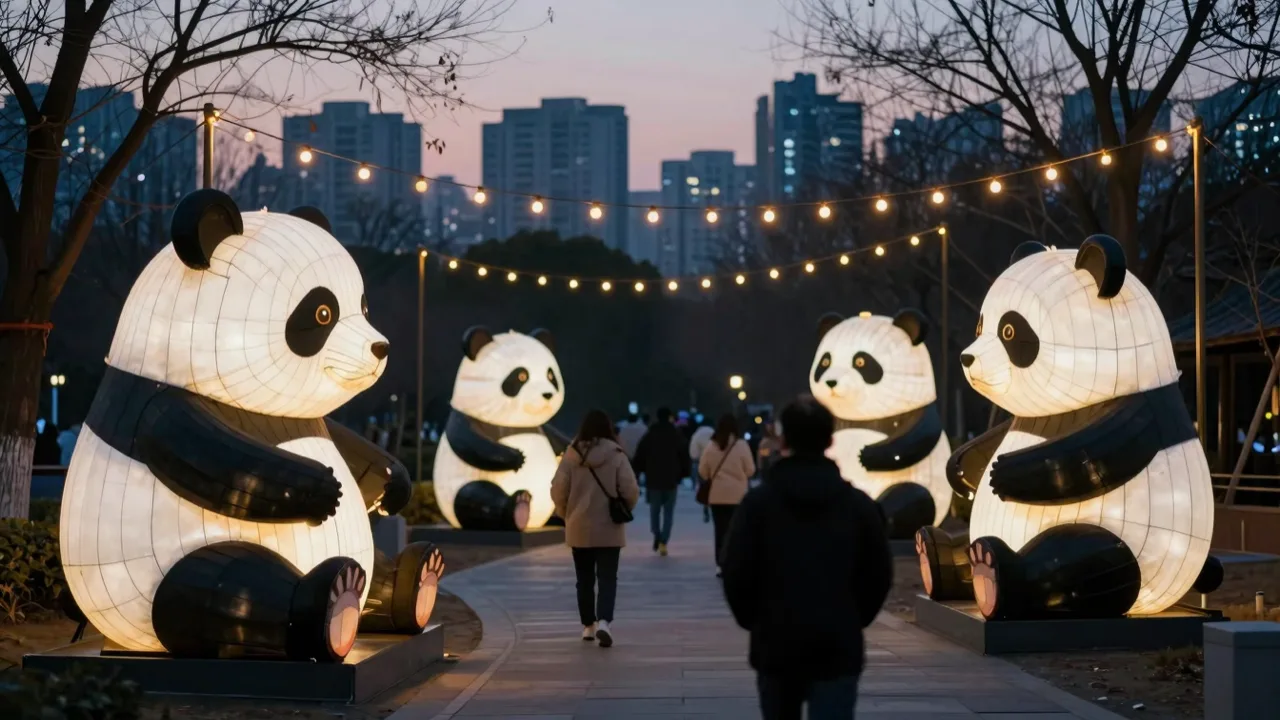 Glowing panda-shaped lantern sculptures lighting up a park path at dusk