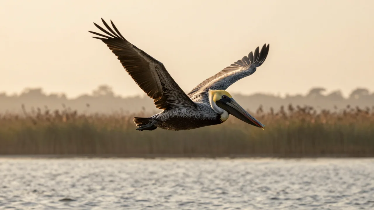 A pelican gliding above a quiet coastal wetland at sunrise