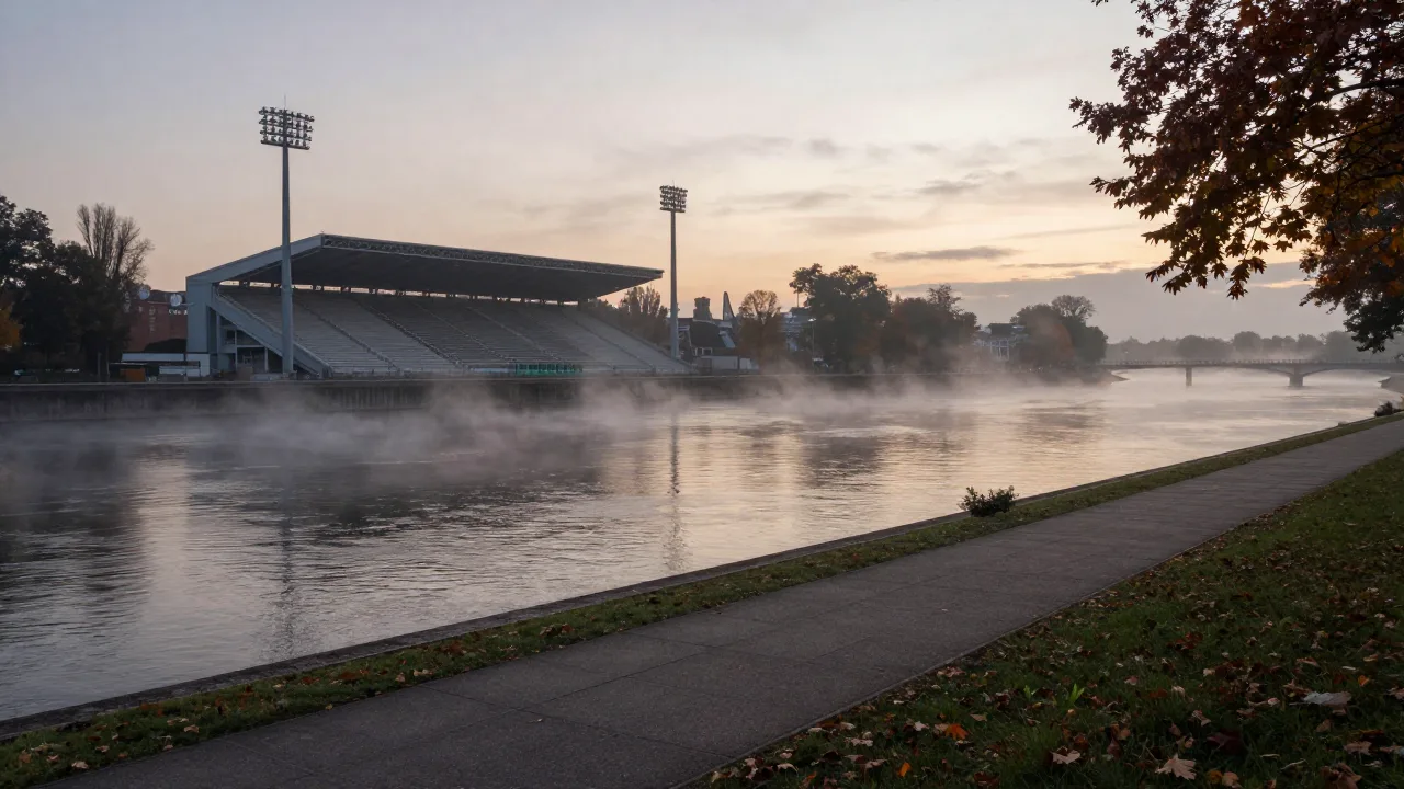 Misty riverfront walkway near a football stadium at dawn