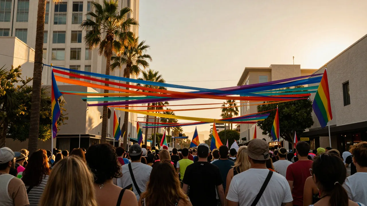 Colorful Pride flags above a downtown Phoenix street celebration