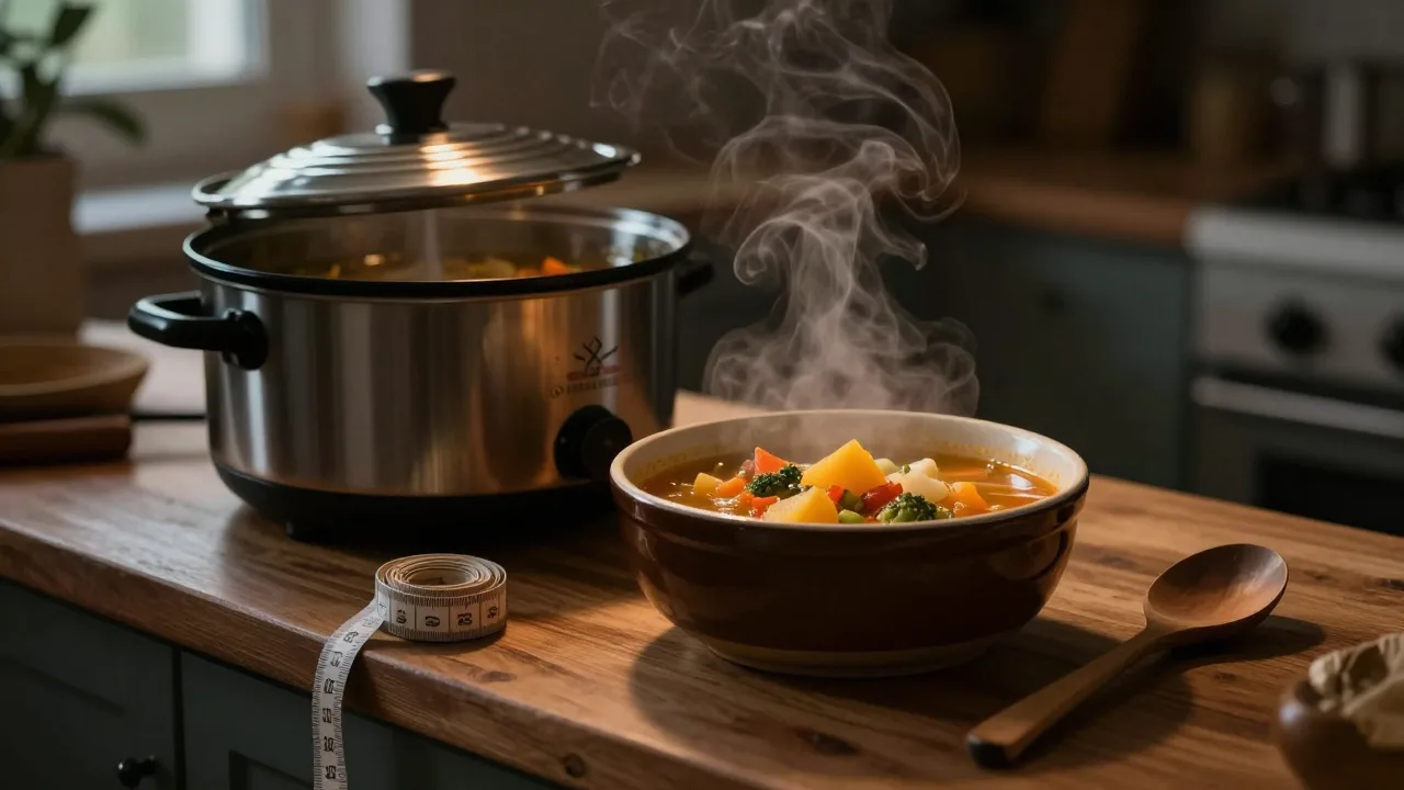 Steaming bowl of chunky vegetable soup on a rustic kitchen counter next to a slow cooker