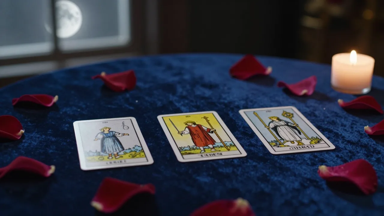 Three tarot cards on a dark table beneath moonlight