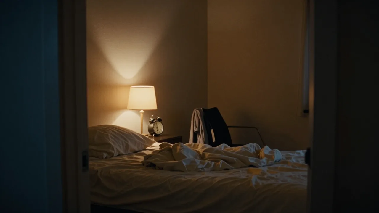 An unmade bed at night lit by one bedside lamp, empty room, nobody in frame.