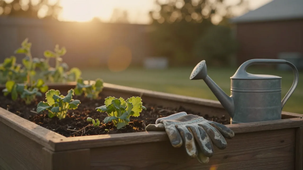 Compact backyard garden bed at sunrise