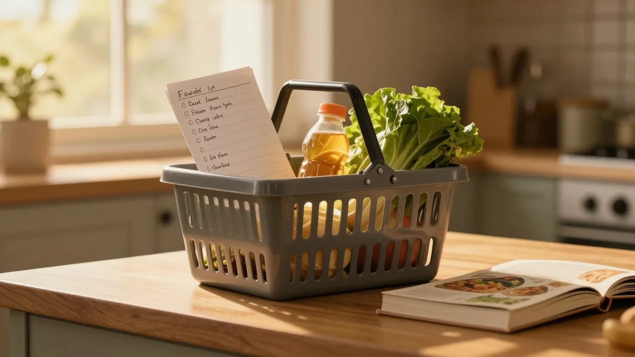 A grocery basket on a kitchen counter beside a handwritten food list