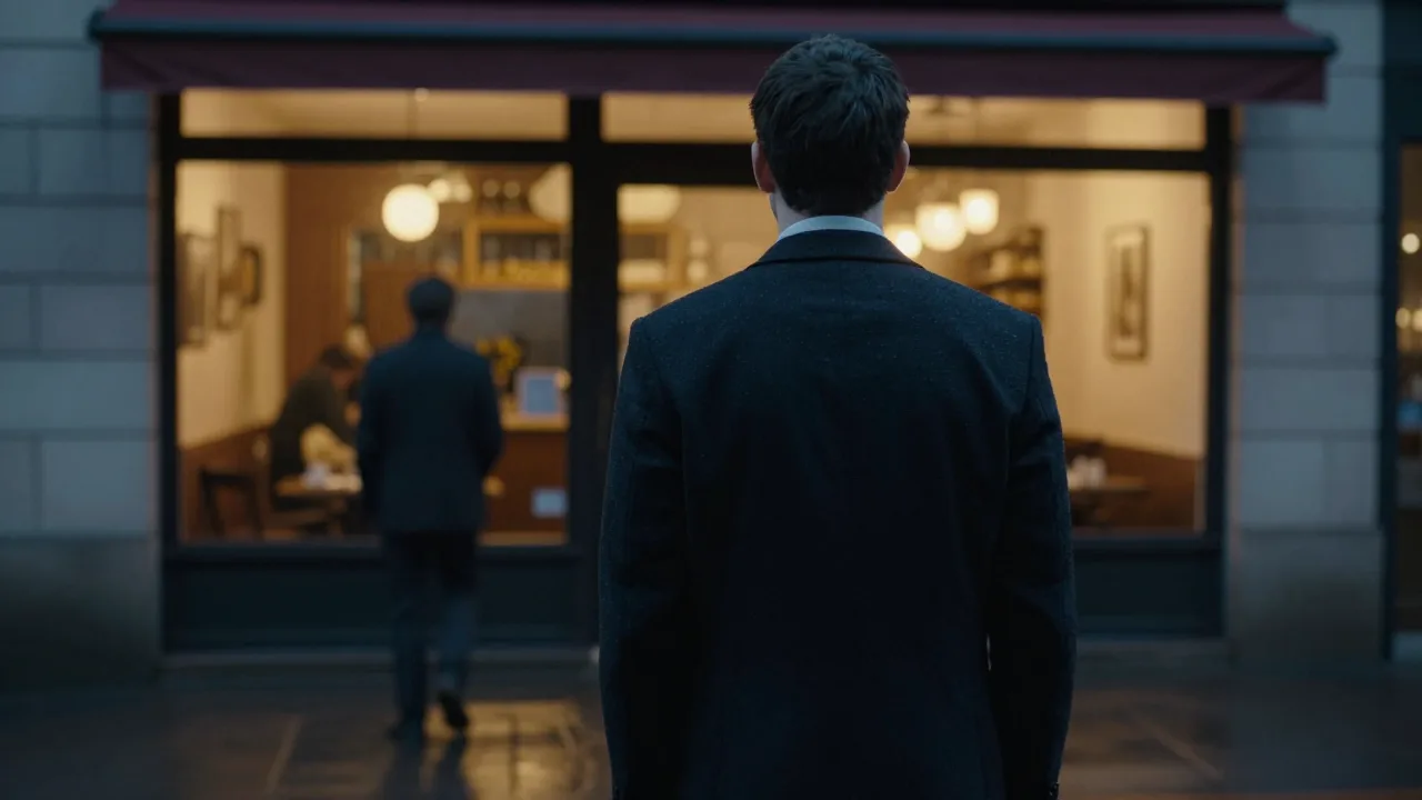 Cinematic silhouette of a man waiting outside a softly lit cafe