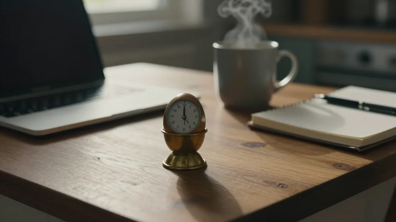 A kitchen table at dawn with a small egg timer set to seven minutes beside a closed laptop and a cup of coffee