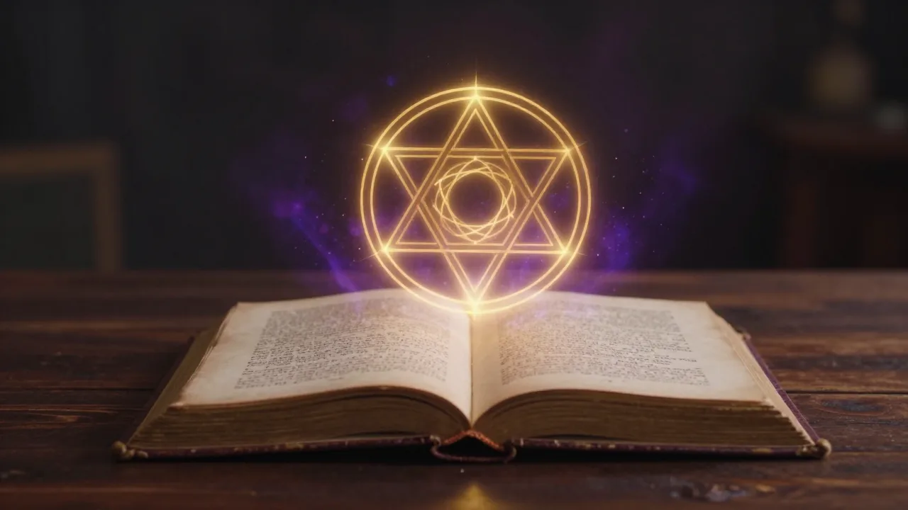 Glowing abstract sacred geometry above an open book