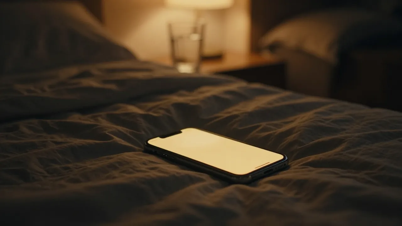 Phone screen glowing face down light on a dark bedside table late at night