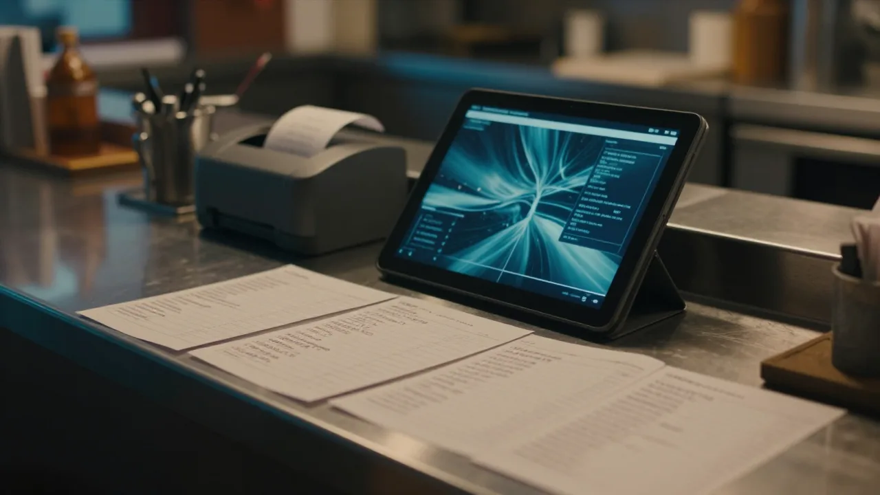 Restaurant ledger beside a dark tablet on a stainless steel counter