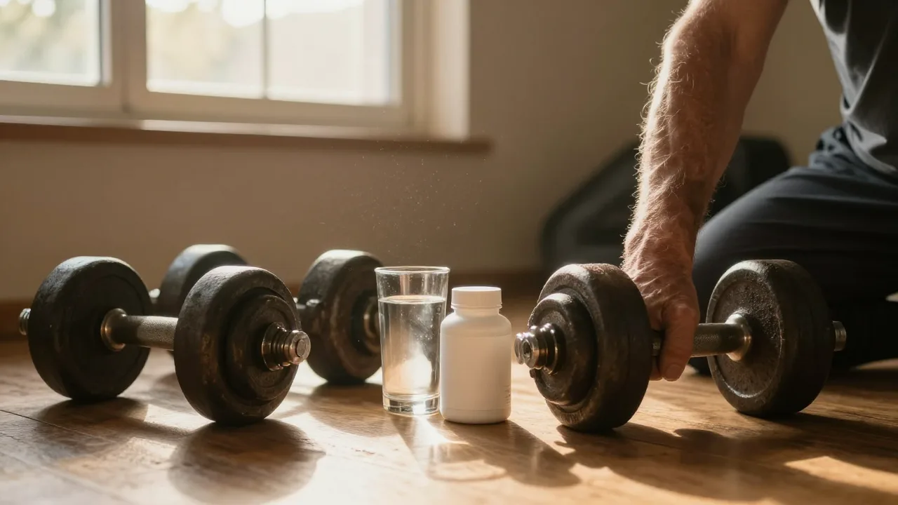 Worn dumbbells, a glass of water and a plain white supplement bottle in morning light