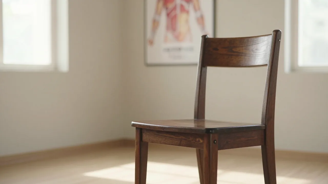 A one-pound Indian club resting beside a chair in a calm home workout space