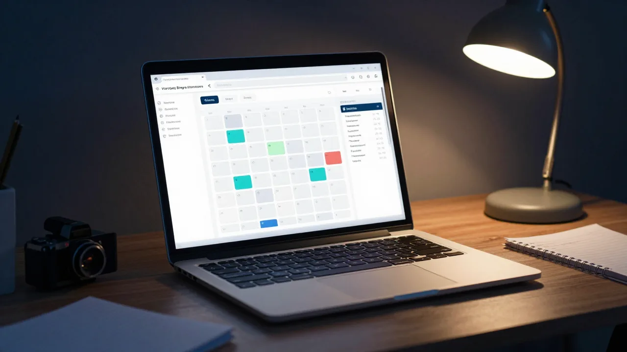 Laptop showing a WordPress content calendar beside a camera and notebook