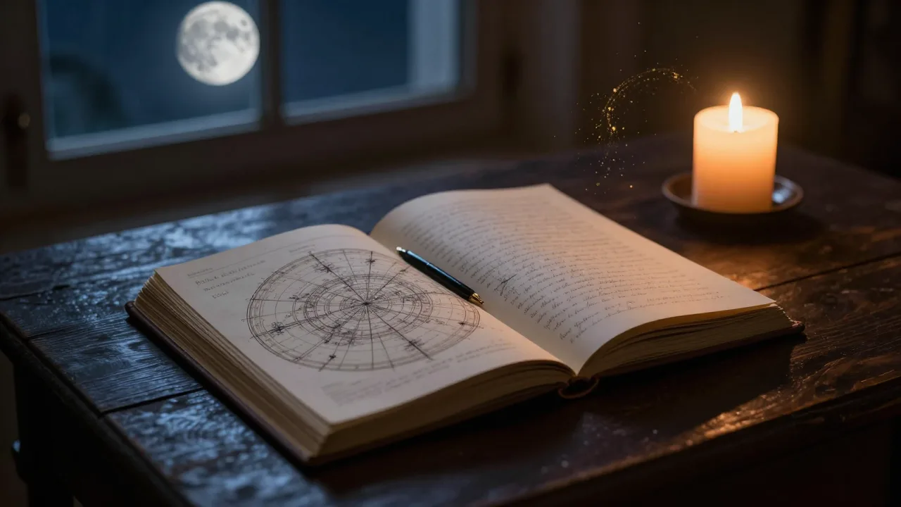 Candlelit journal beside an ancient-looking celestial map