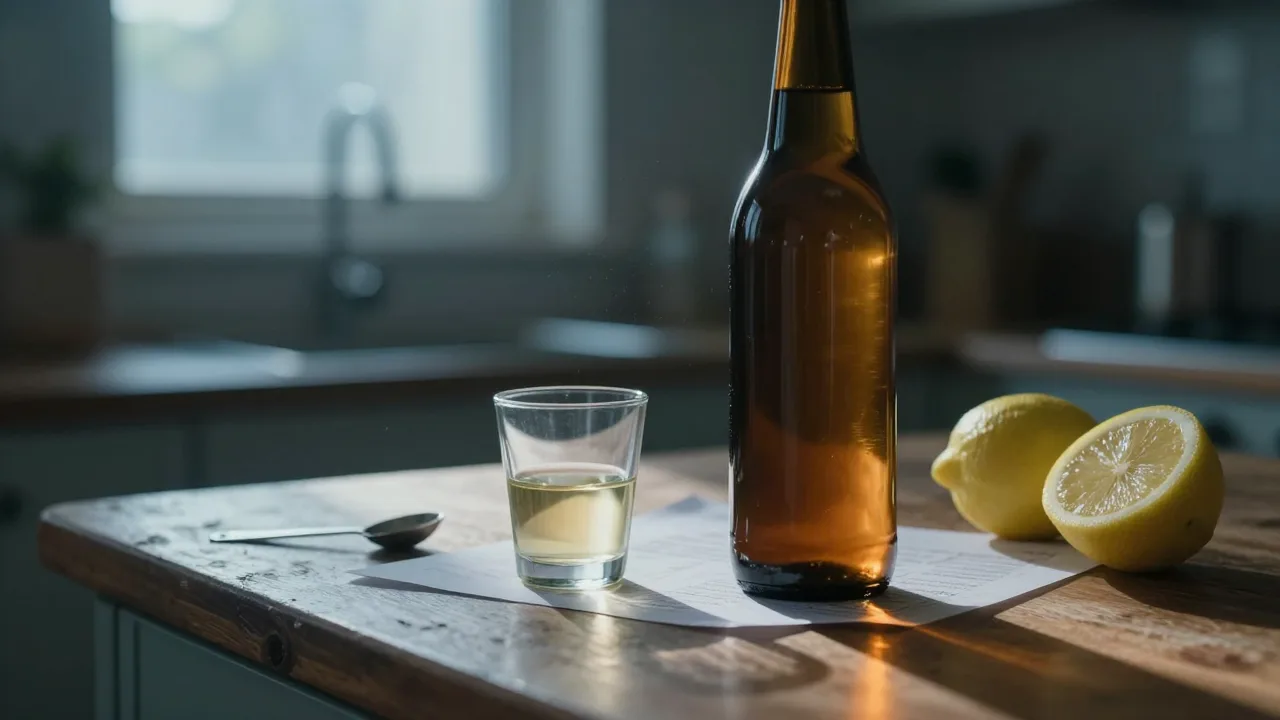 Amber apple cider vinegar bottle, a small glass and a measuring spoon on a kitchen counter in early morning light