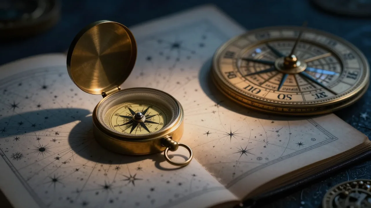 Cinematic astrology chart beside a glowing celestial compass