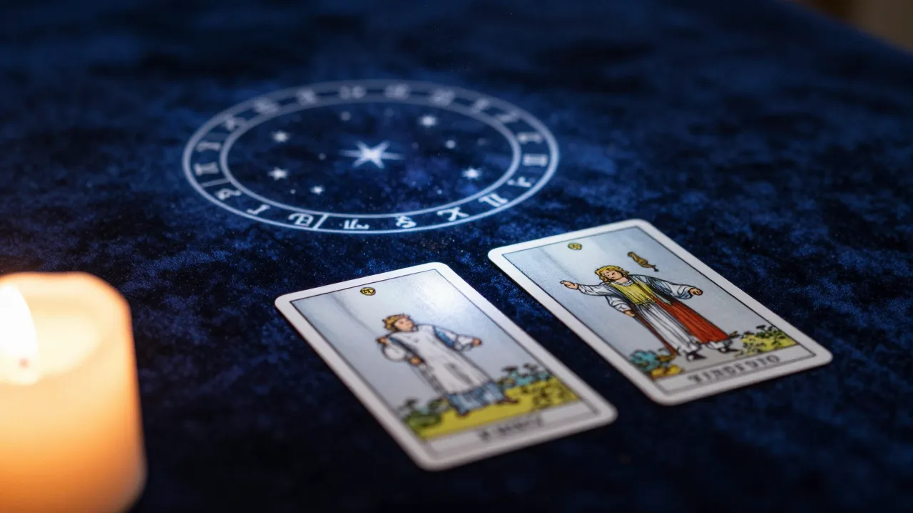 Two tarot cards lying face down on dark velvet under a circular star chart