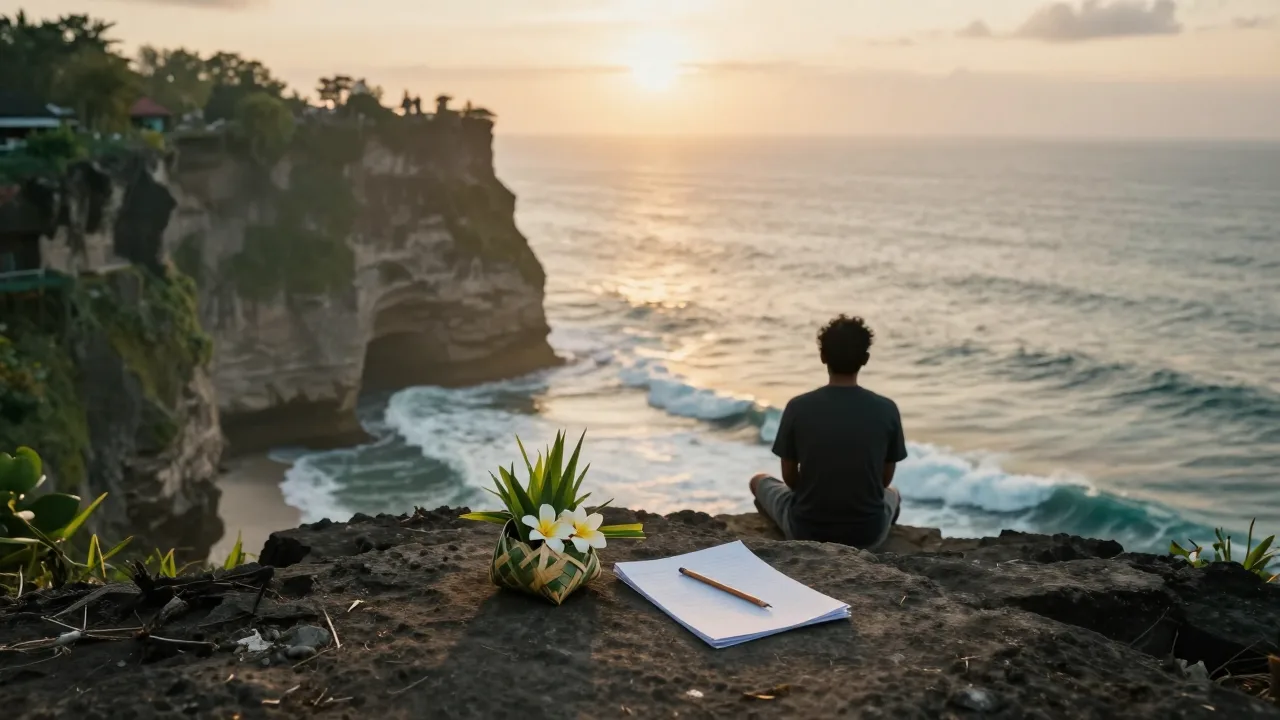 Figure seen from behind on a Bali clifftop at sunrise beside a palm-leaf offering and a folded sketch