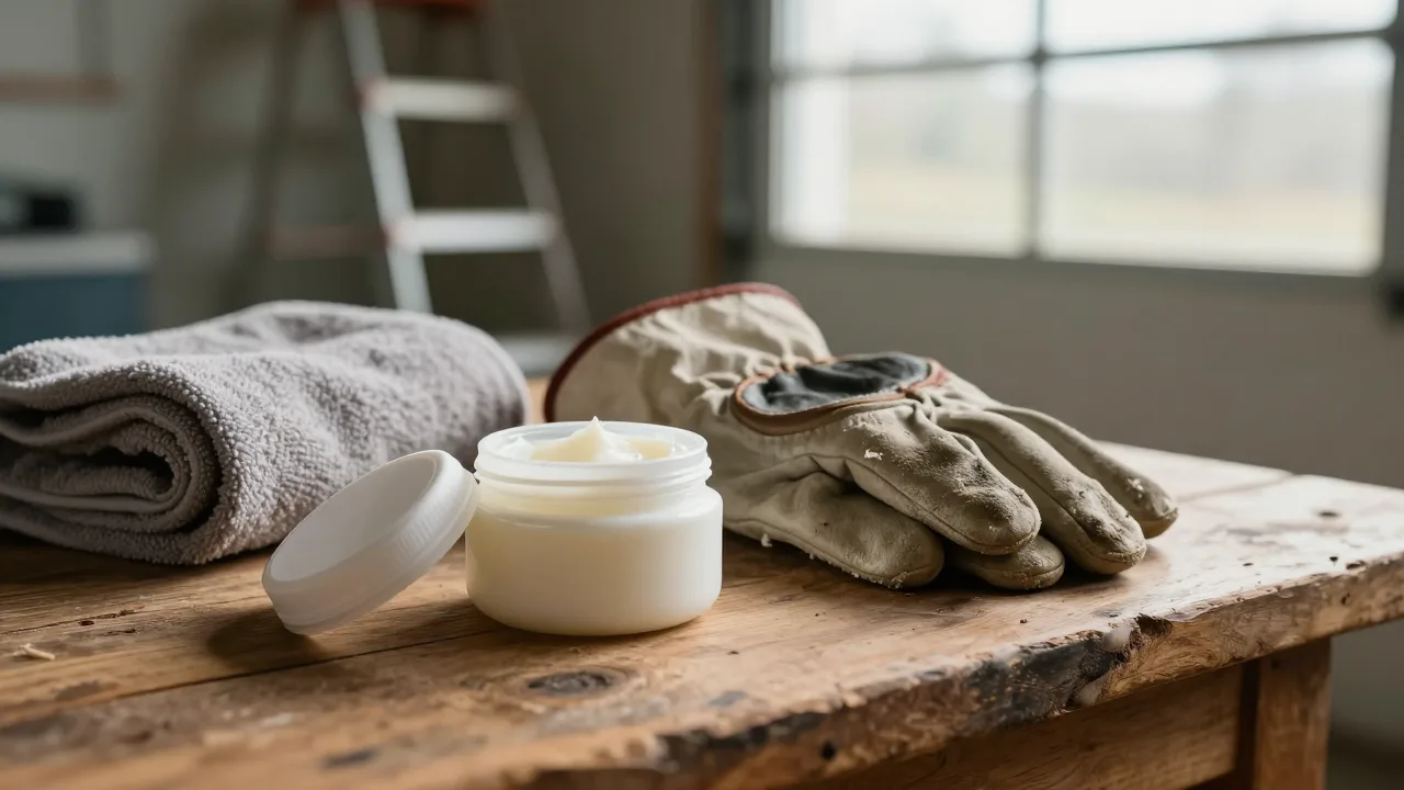Open jar of pale balm on a wooden workbench next to worn work gloves and a rolled towel