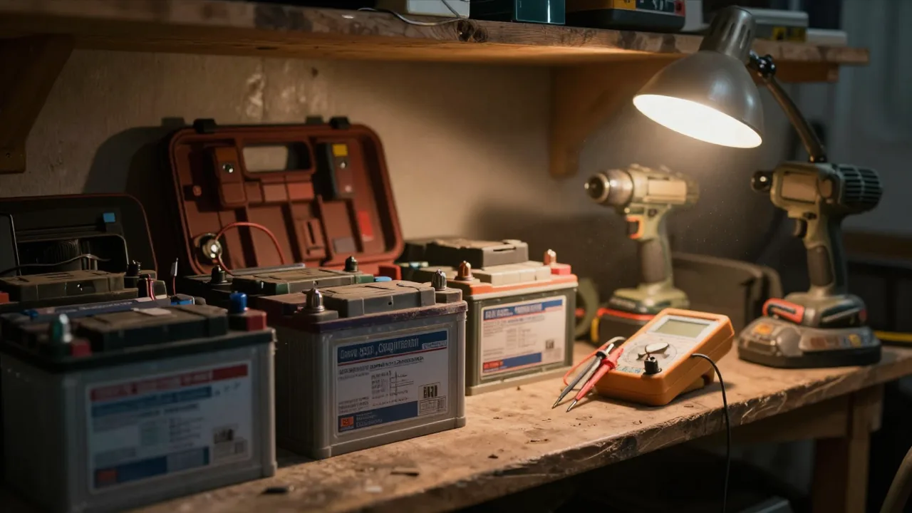 Old batteries lined up on a workshop shelf beside a multimeter under a low work lamp