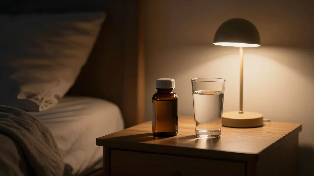 Amber supplement bottle and a tall glass of water on a bedside table at night