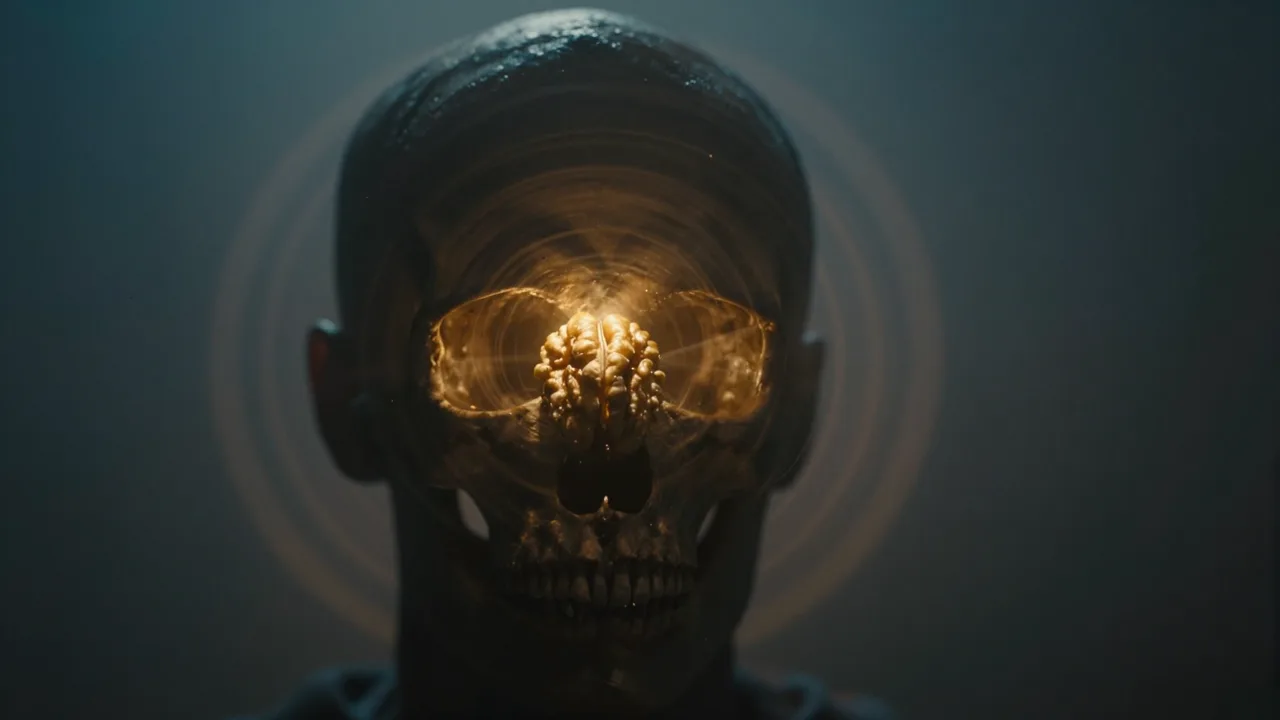 A walnut sized glowing shape floating inside a dark silhouette of a human head, seen from behind