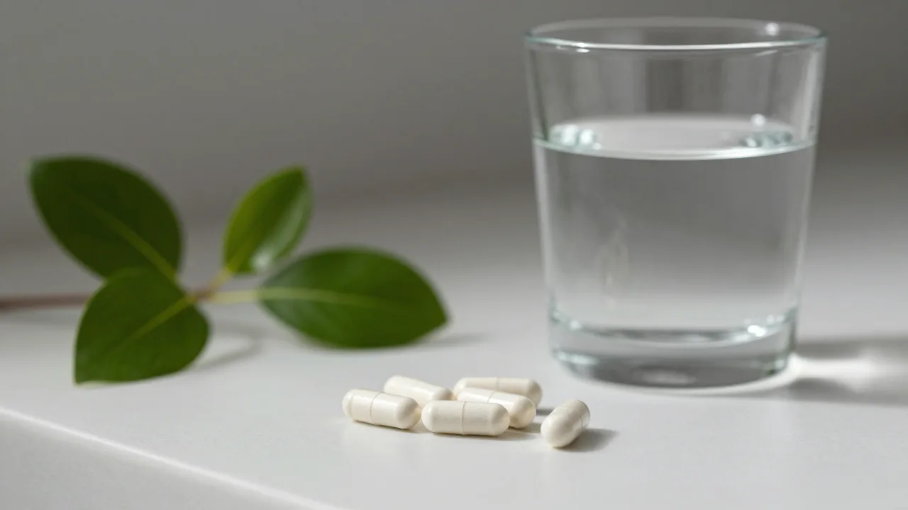 Unbranded dental wellness capsules beside a glass of water