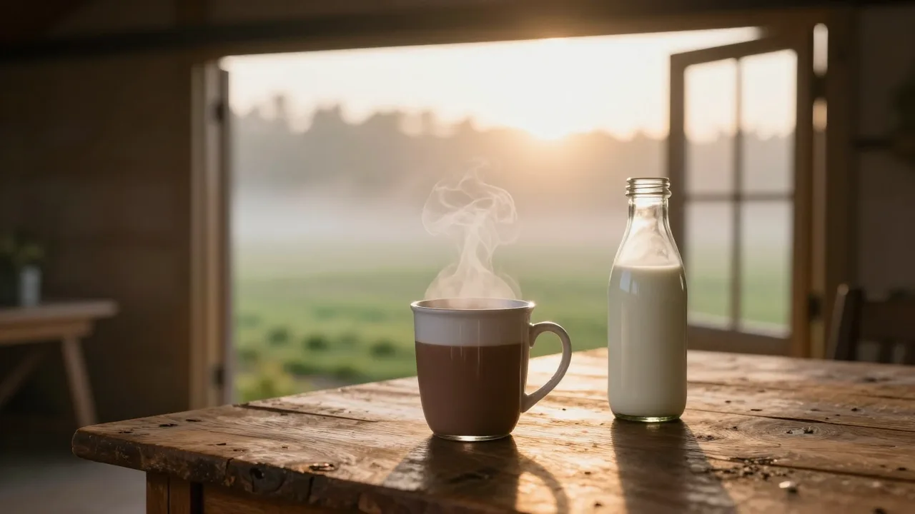Mug of cocoa drink on a farmhouse table at sunrise