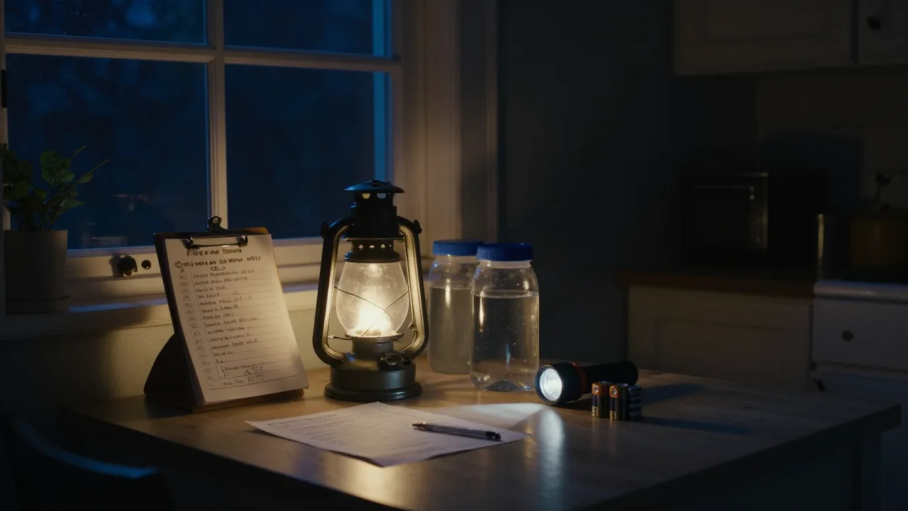Dark home during a blackout with a lantern, emergency supplies and a handwritten checklist