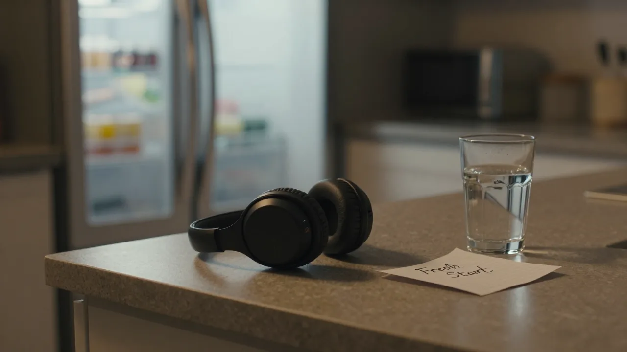 Headphones beside a softly lit kitchen at night