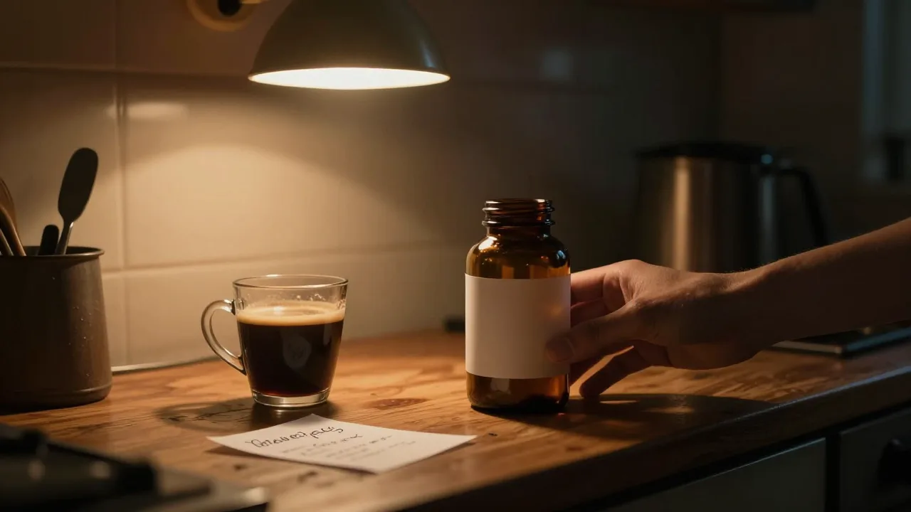 Unlabelled amber supplement bottle on a kitchen counter in early morning light