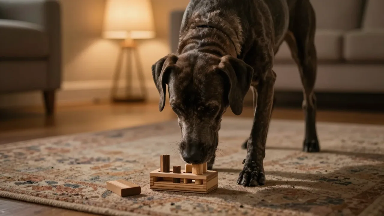 A large dog concentrating hard on a wooden puzzle toy in a warm living room at dusk