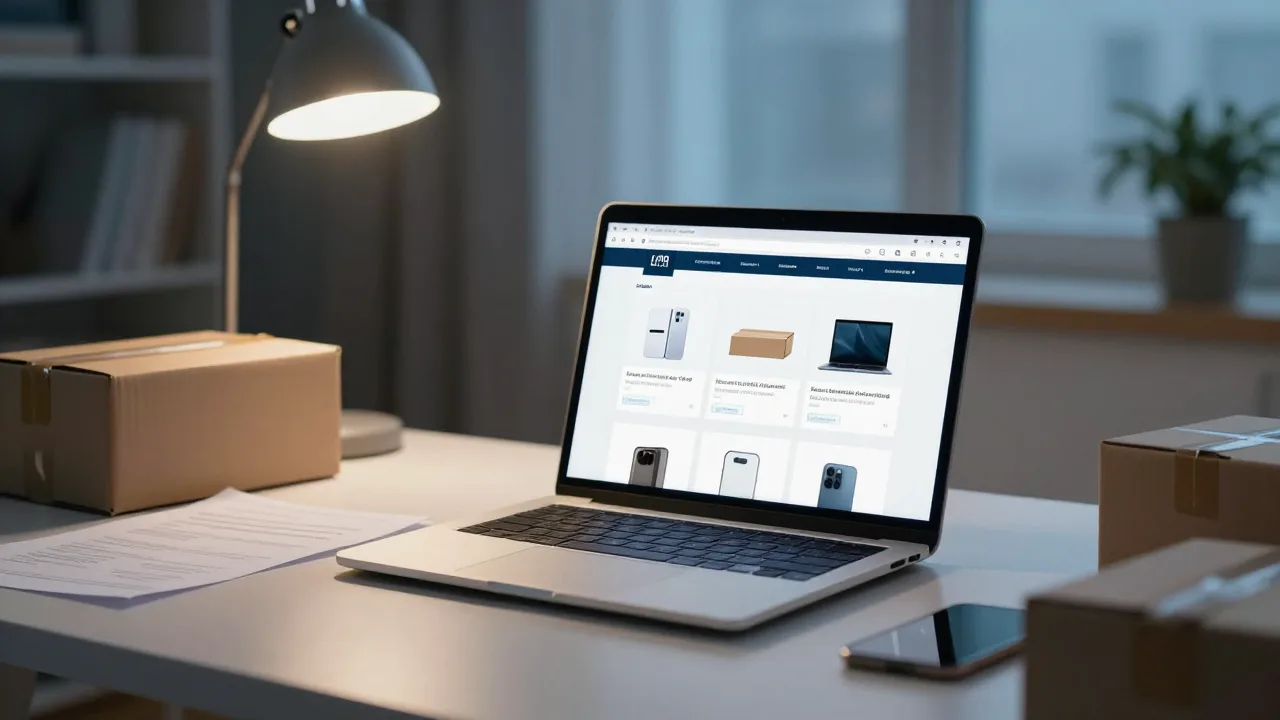 Laptop showing an online store setup beside product notes
