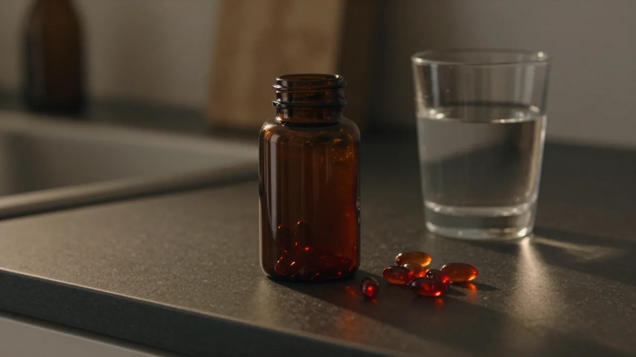 Unbranded krill oil capsules beside a glass of water in moody light