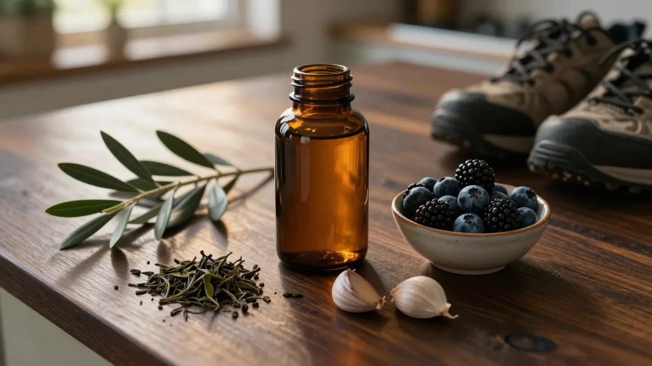 Unbranded amber supplement bottle on a wooden table beside fresh berries, garlic cloves and olive leaves