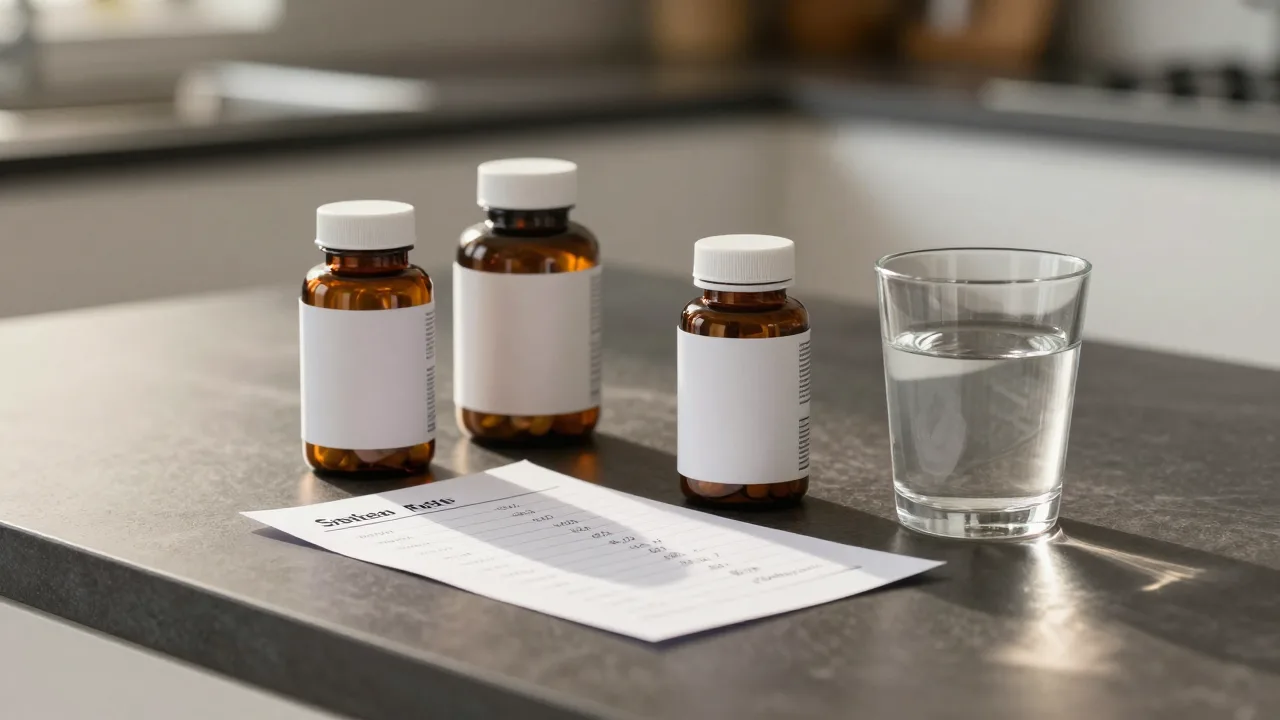 Supplement bottle beside a handwritten price comparison note