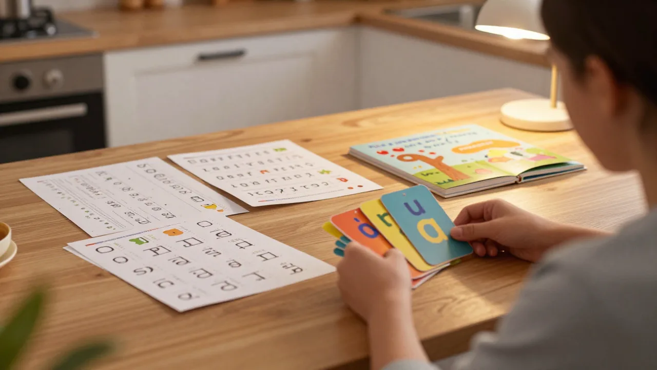 Parent and child reading together with phonics cards
